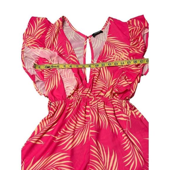 Women’s Pink Palm Leaf Print Deep V-Neck Flutter Sleeve Romper- Size Small - Picture 15 of 16